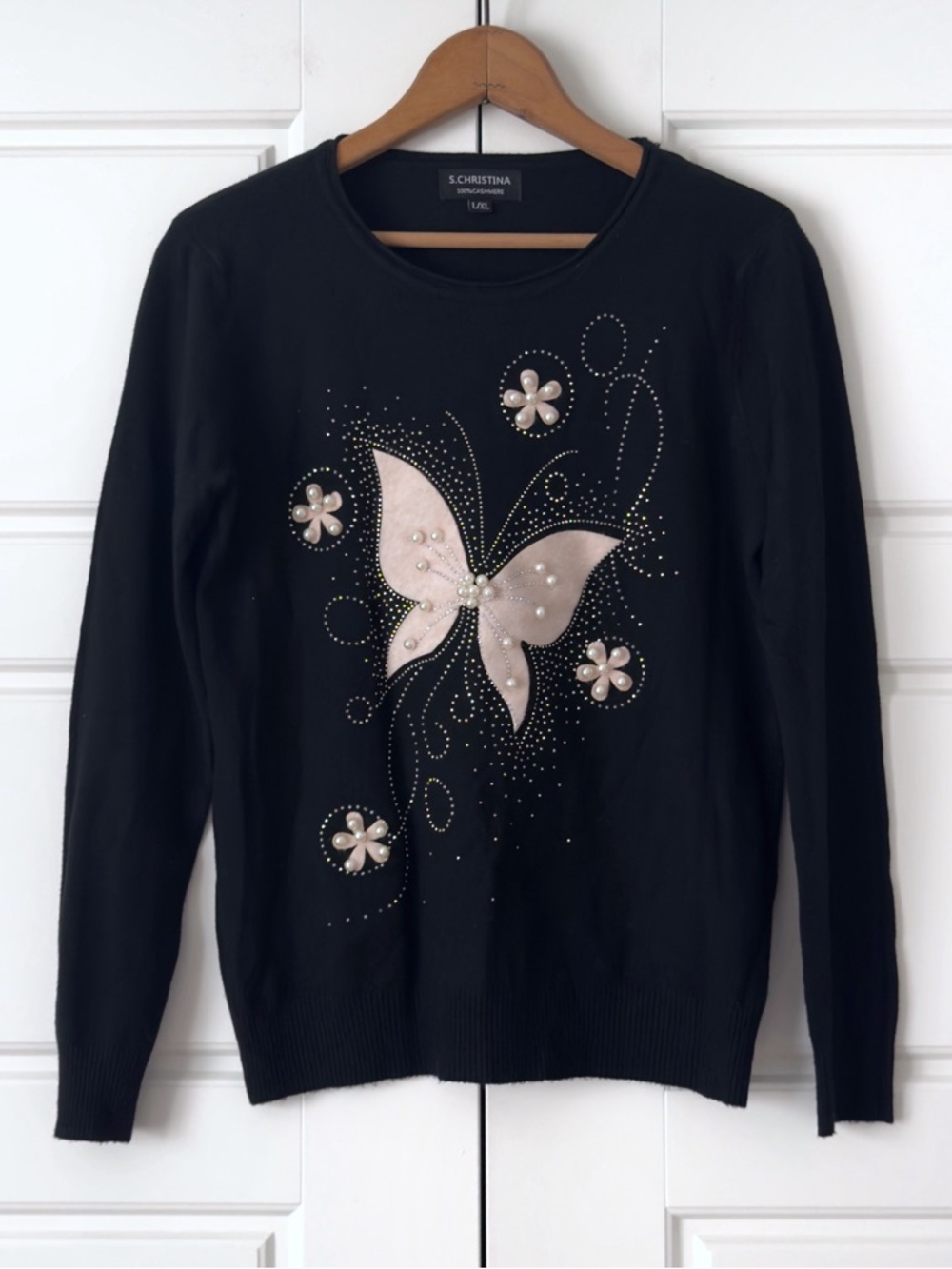 S Christina Cashmere Butterfly Sweater  L/XL Black Rhinestones Pearls Whimsical